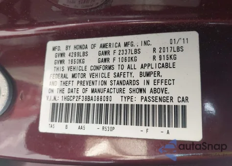 2011 Honda Accord 2.4 Lx from USA, damaged, VIN 1HGCP2F38BA088090